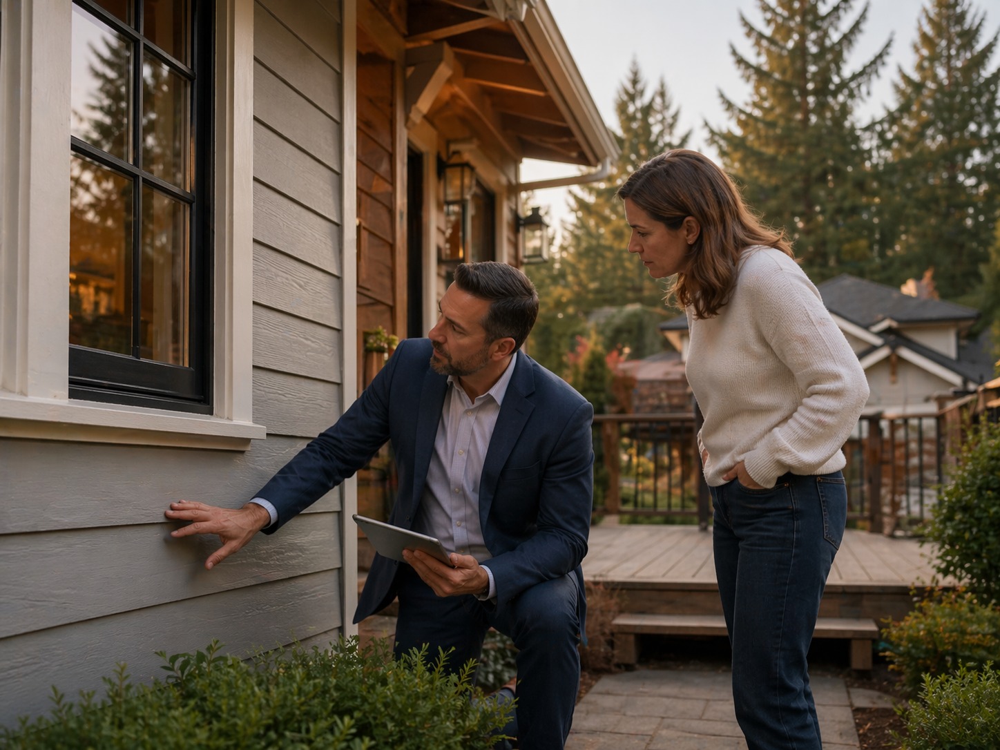 Advisor inspecting exterior siding with homeowner